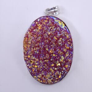 Vibrant Iridescent Oval Druzy Quartz Pendant – 20” Sterling Silver Chain